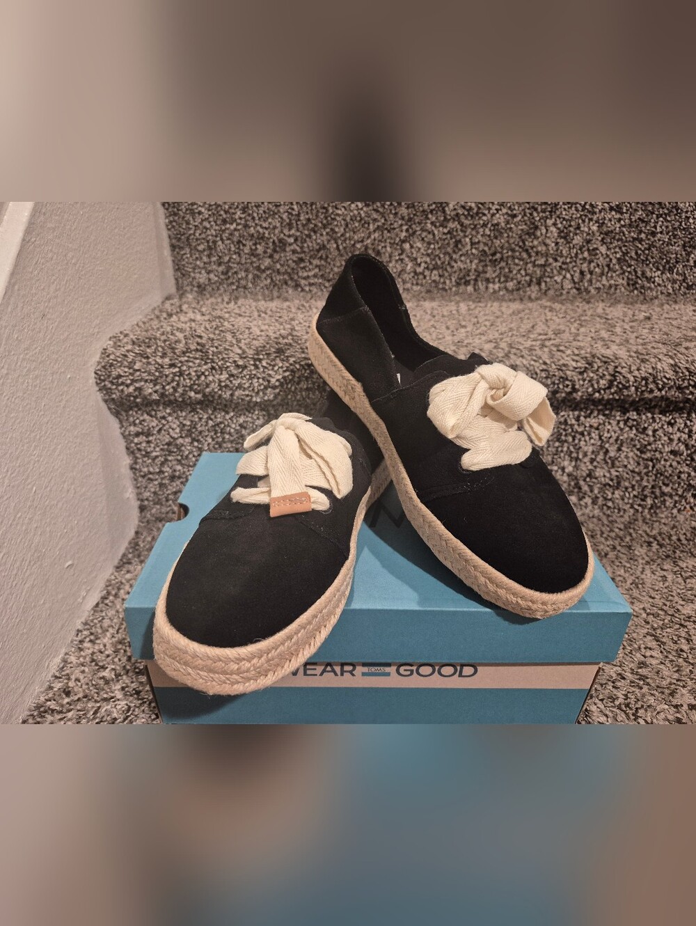 TOMS Black Suede Espadrille with Cream Ribbon Laces